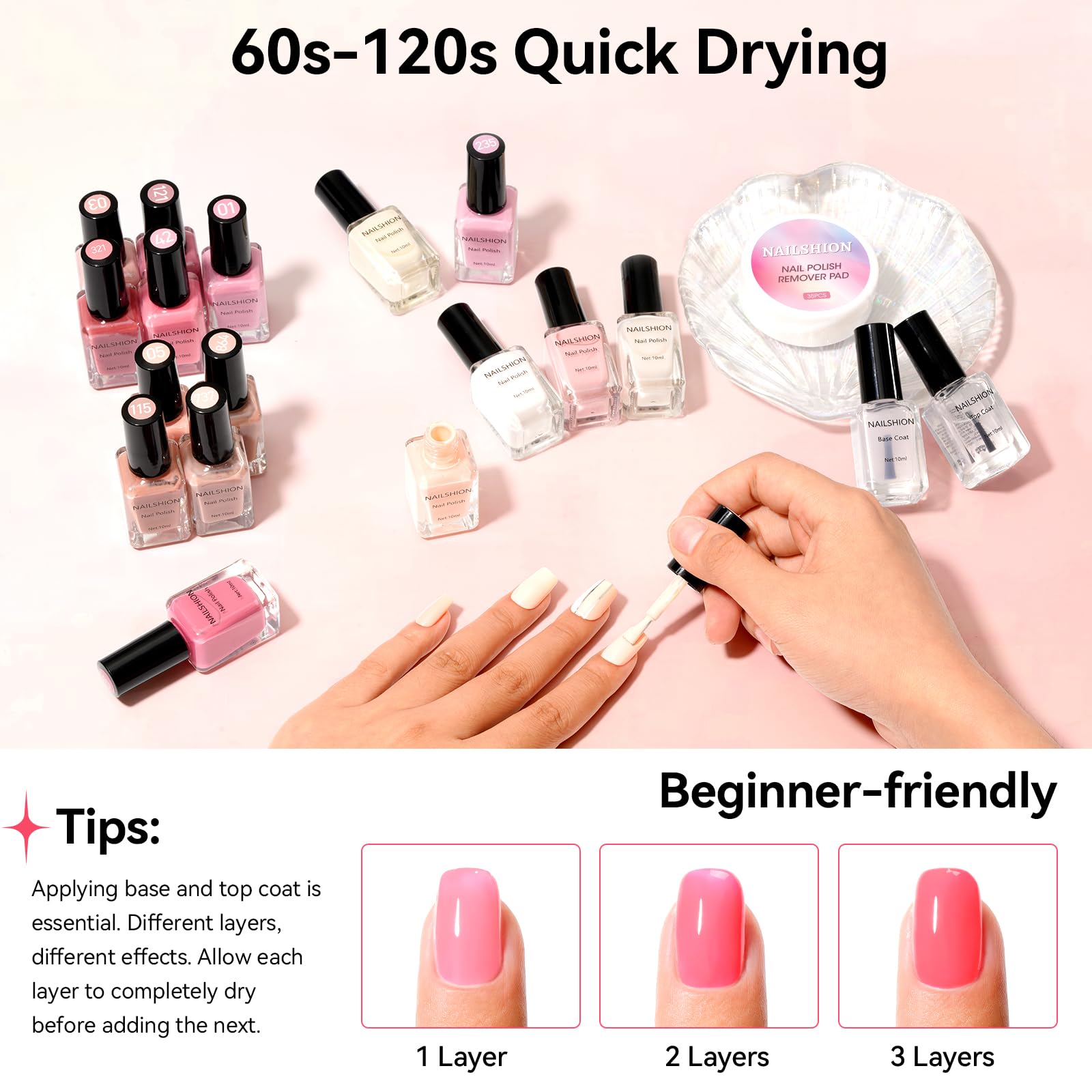 Nailshion travel size 10 ml bottles fit on the go.