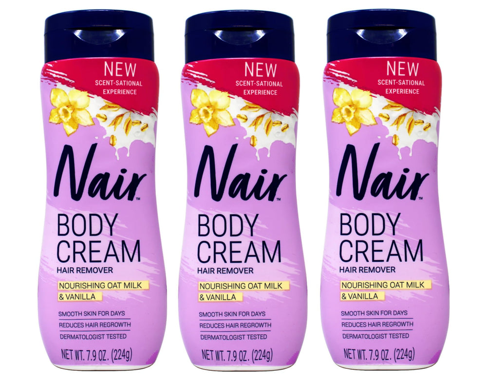 Nair body cream hair remover bottle showing nourishing oat milk and vanilla for smooth skin