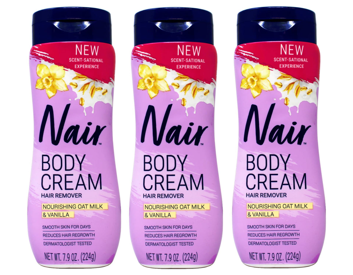 Nair body cream hair remover bottle showing nourishing oat milk and vanilla for smooth skin