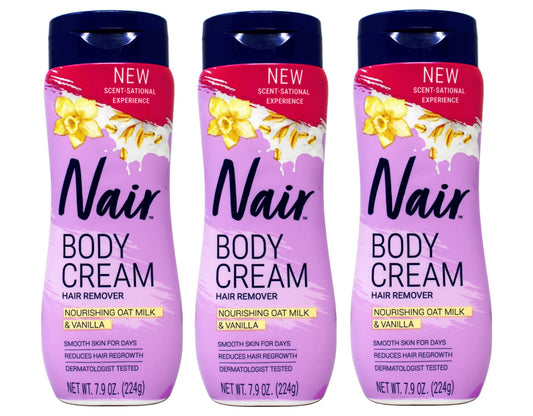 Nair body cream hair remover bottle showing nourishing oat milk and vanilla for smooth skin