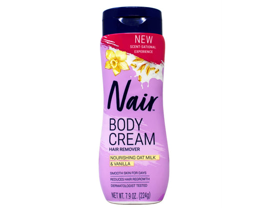 Close-up of Nair cream texture, suggesting gentle dermatologist-tested formula for soft skin