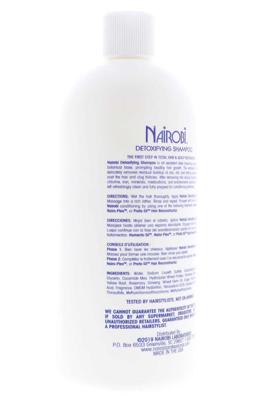 Nairobi Detoxifying Shampoo bottle on shower shelf signals routine care access.