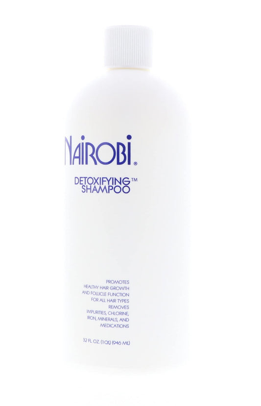 Nairobi Detoxifying Shampoo bottle side highlights ergonomic design for easy daily cleansing.