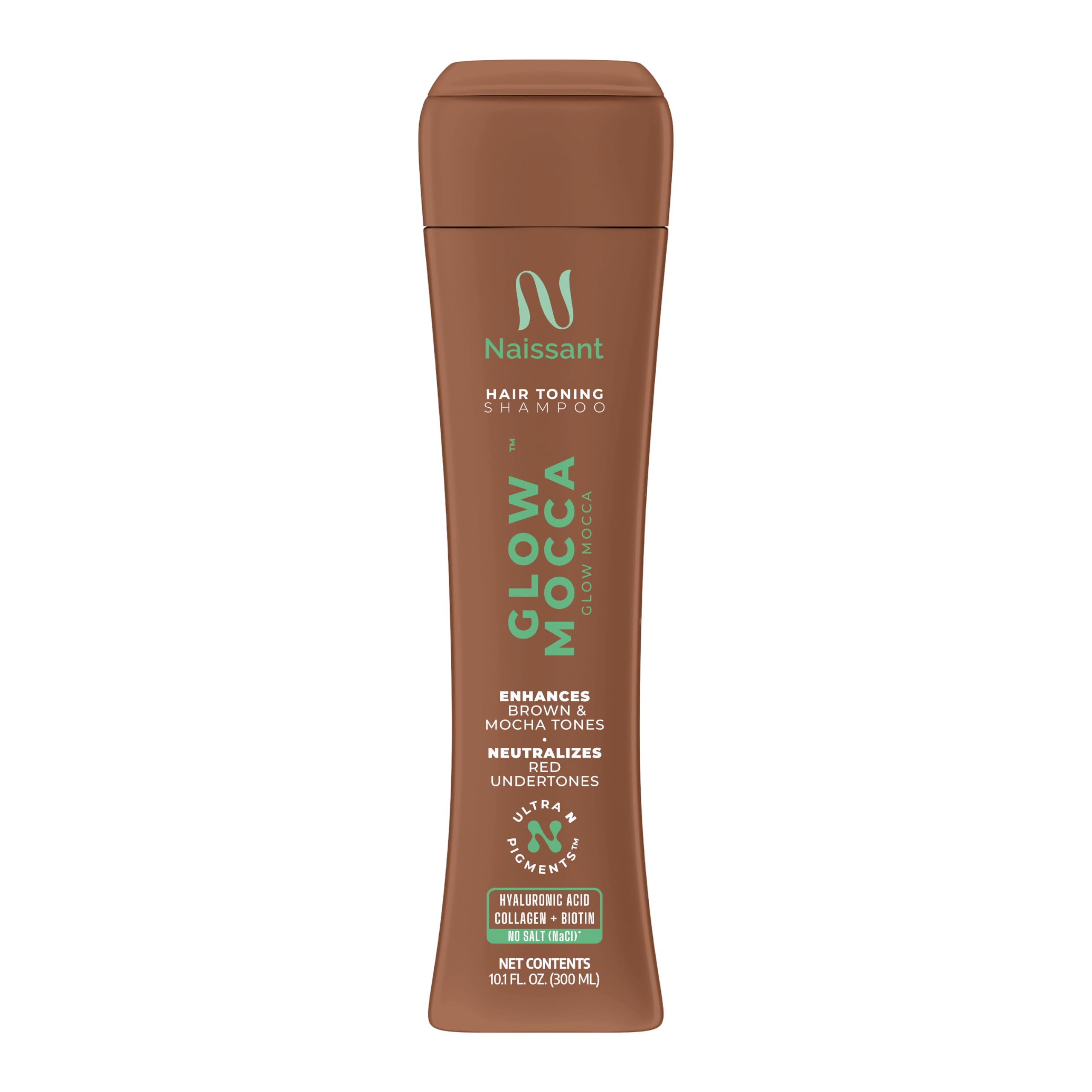 Naissant Glow Mocca Shampoo bottle shows a rich mocha tone with color-balancing benefits