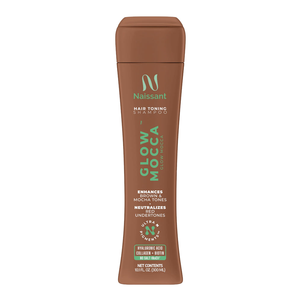Naissant Glow Mocca Shampoo bottle shows a rich mocha tone with color-balancing benefits