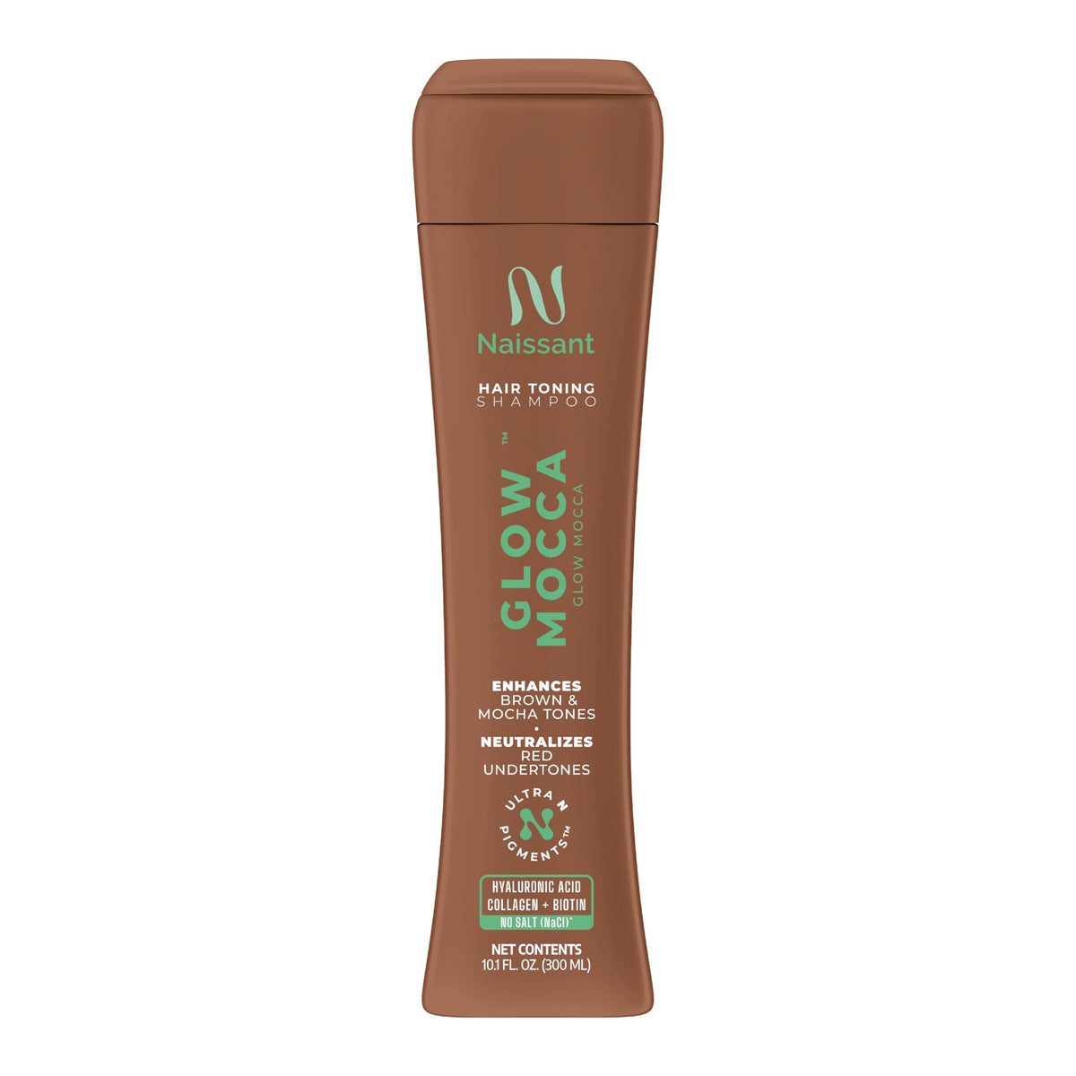Naissant Glow Mocca Shampoo bottle shows a rich mocha tone with color-balancing benefits