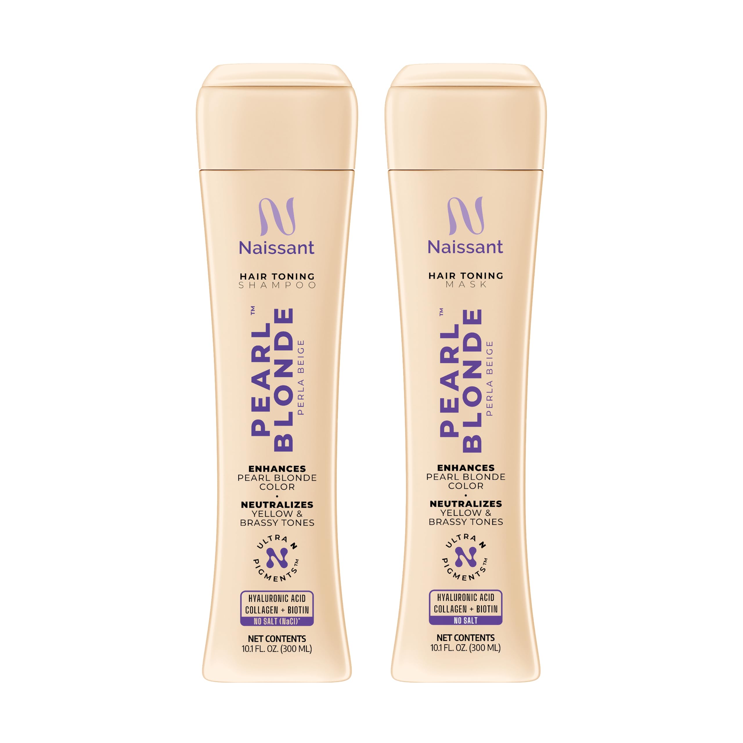 Naissant Pearl Blonde purple shampoo bottle neutralizes yellow tones for brighter results.