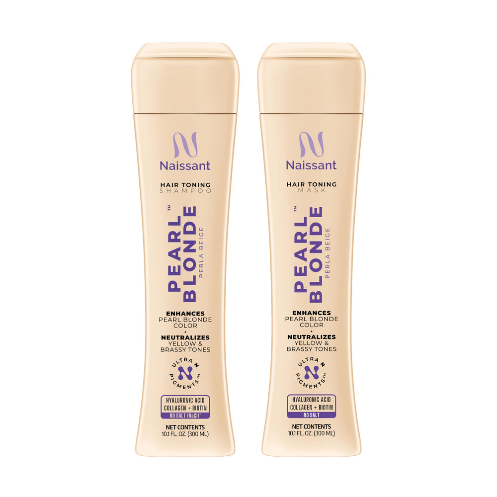 Naissant Pearl Blonde purple shampoo bottle neutralizes yellow tones for brighter results.