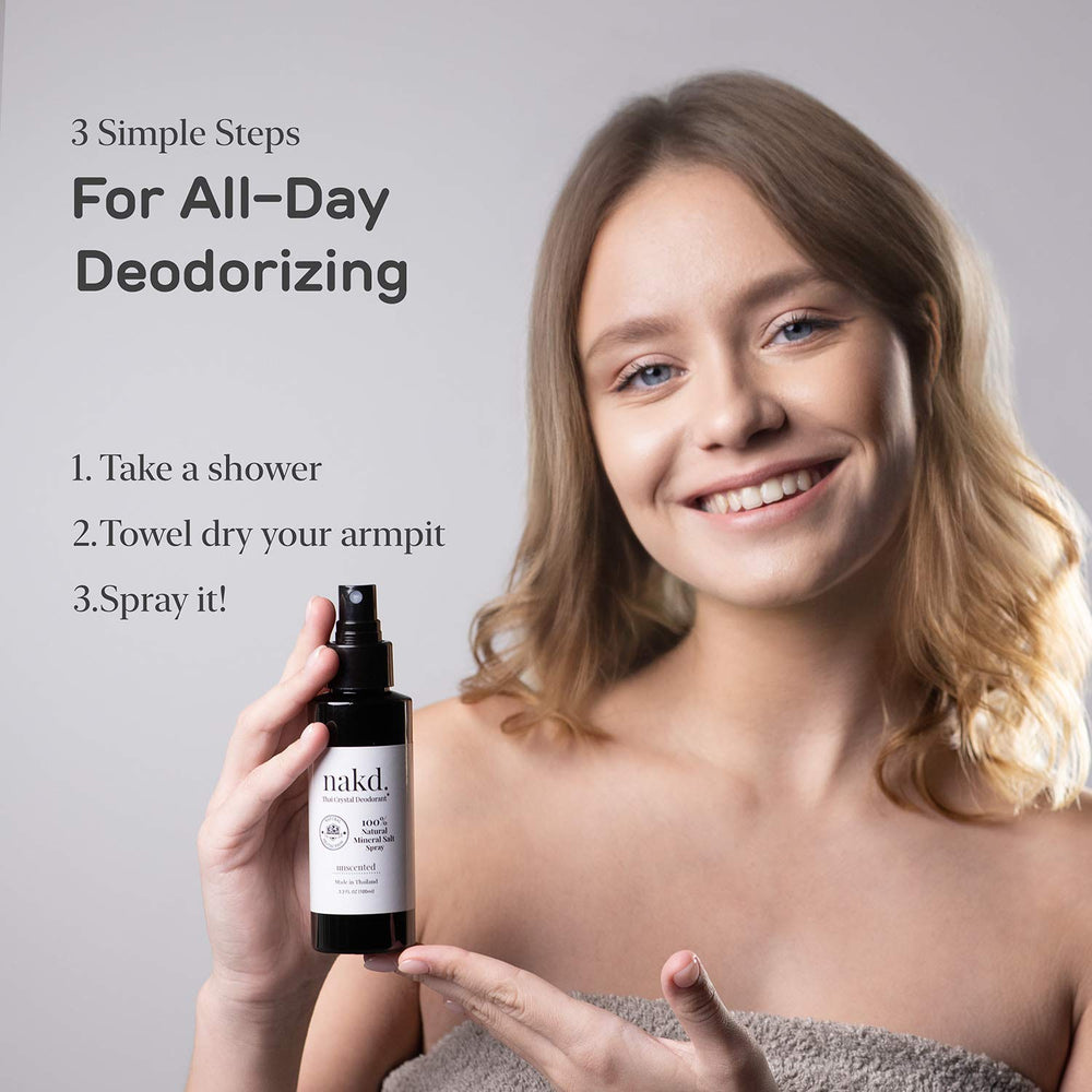nakd. Thai Crystal Deodorant Spray underarm application demonstrates easy spray coverage