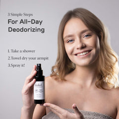 nakd. Thai Crystal Deodorant Spray underarm application demonstrates easy spray coverage