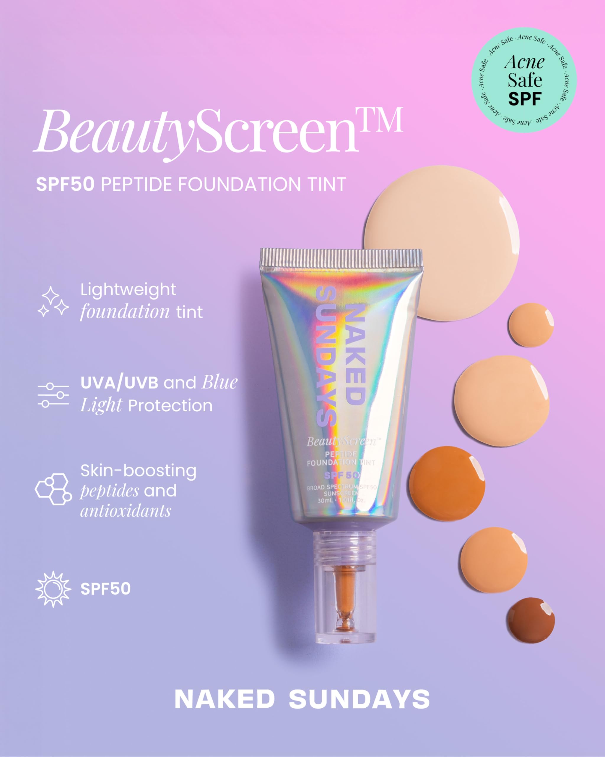 Naked Sundays BeautyScreen swatch reveals 15-shade range blending with skin.