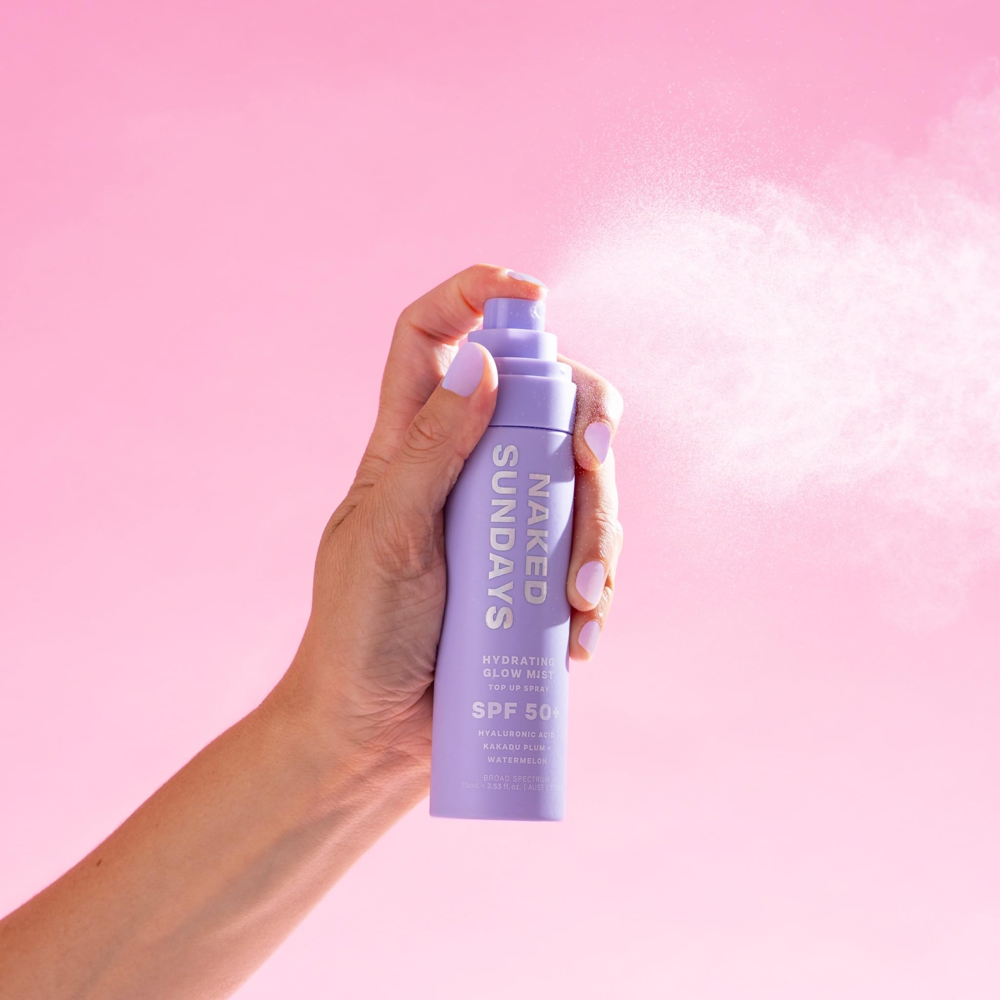 Naked Sundays SPF 50 bottle close-up reveals clear formula with no white cast