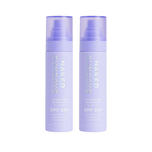 Naked Sundays SPF 50 Hydrating Glow Mist bottle highlights lightweight hydration for daily wear