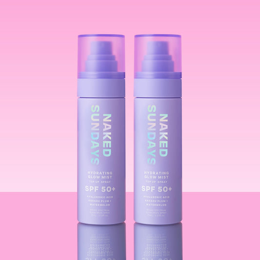 Naked Sundays SPF 50 setting mist applied over makeup showing makeup-friendly reapplication