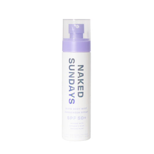 Naked Sundays SPF50 body sunscreen spray bottle offers broad-spectrum protection with a non-greasy finish.