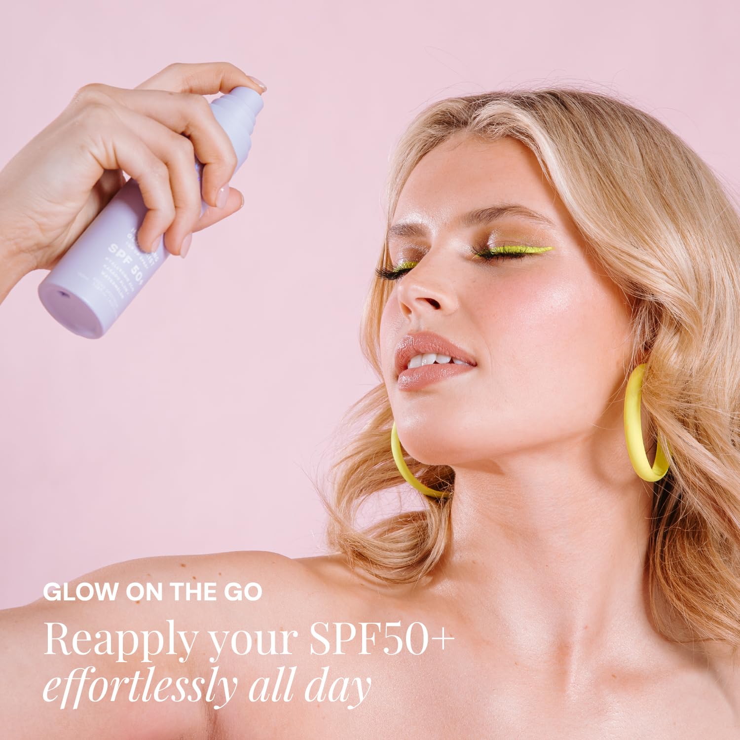 Application scene of Naked Sundays SPF 50 mist over makeup for refresh.
