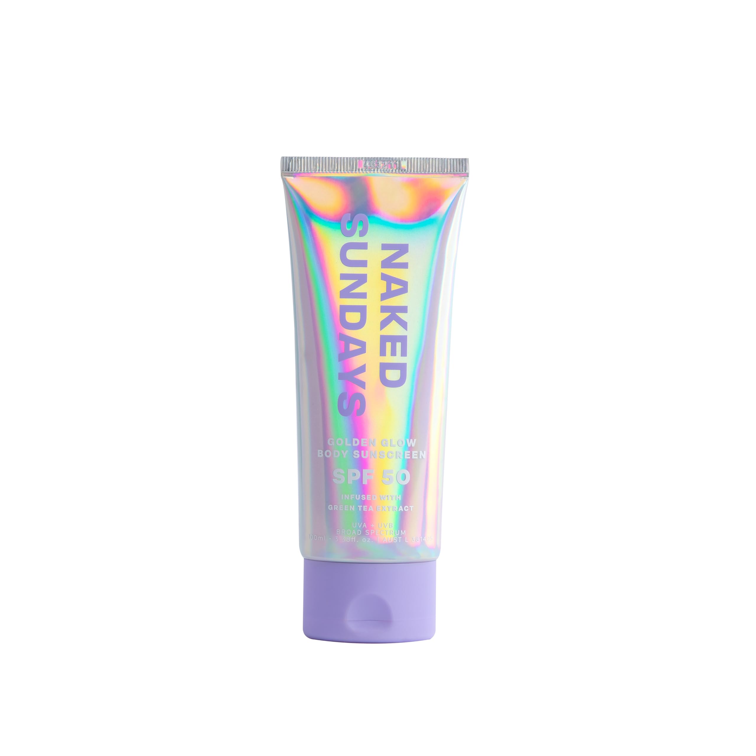 Naked Sundays SPF50 Golden Glow bottle front shows subtle shimmer and hydration.