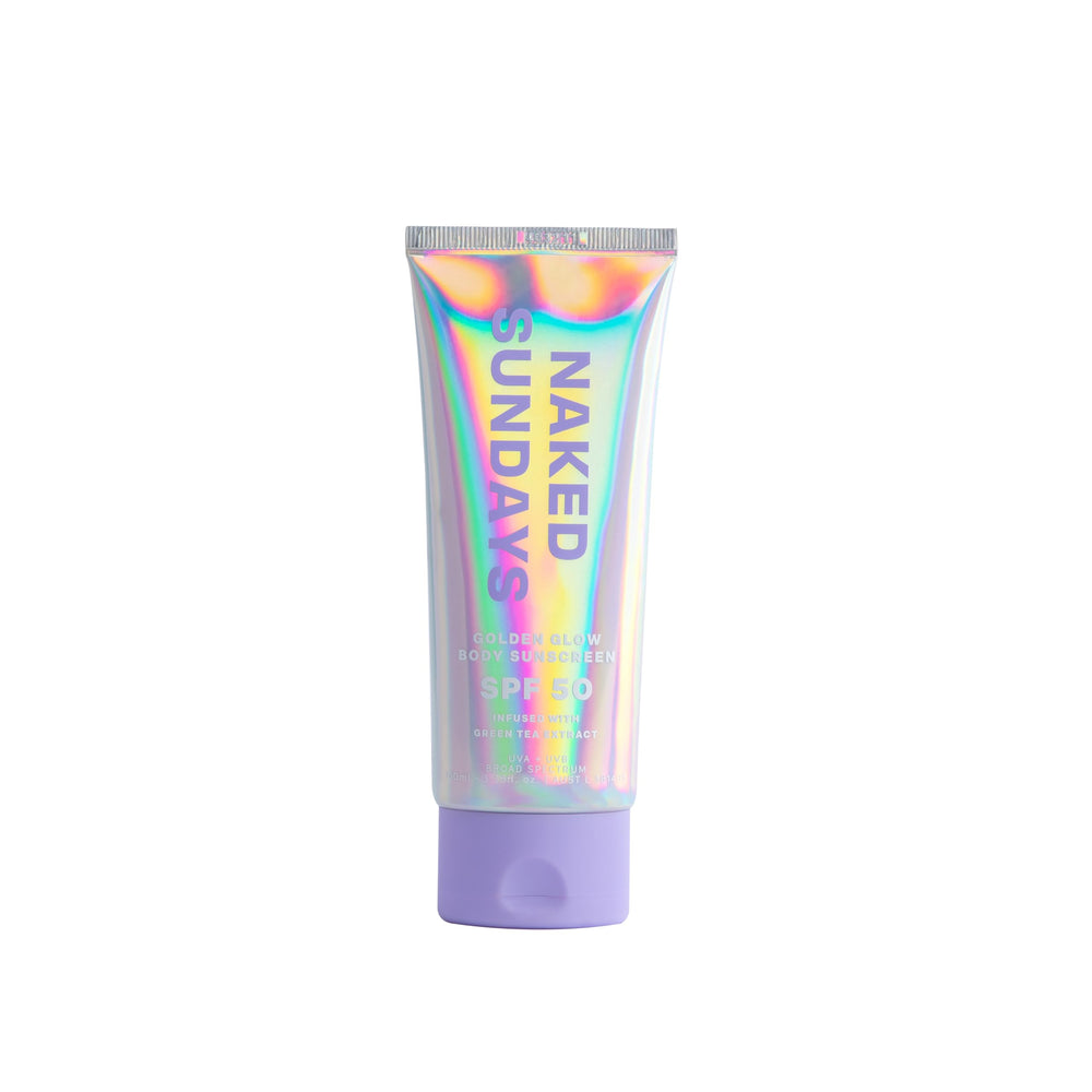 Naked Sundays SPF50 Golden Glow bottle front shows subtle shimmer and hydration.