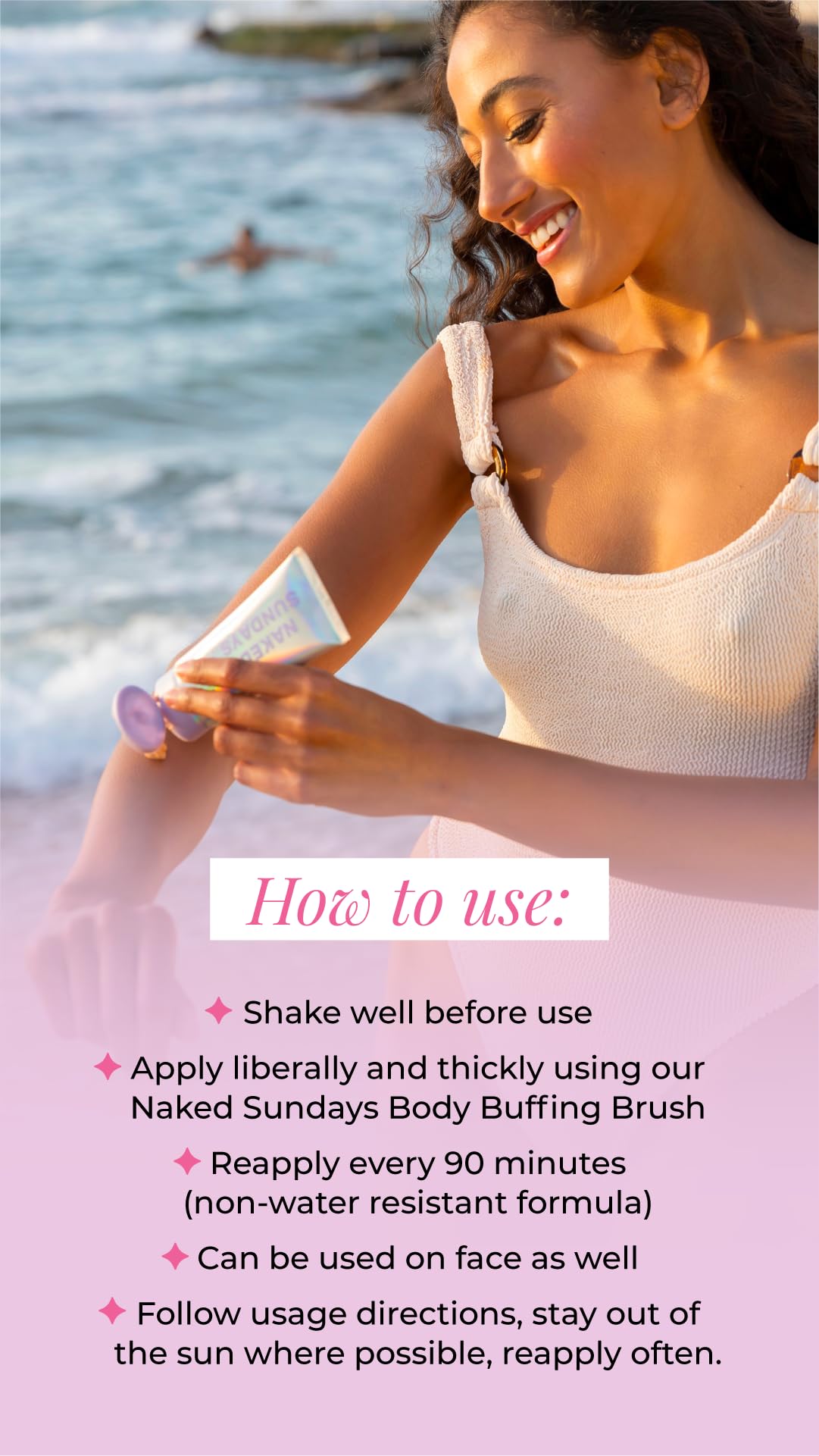 Naked Sundays SPF50 Golden Glow green tea extract close-up underscores antioxidant-rich formula.