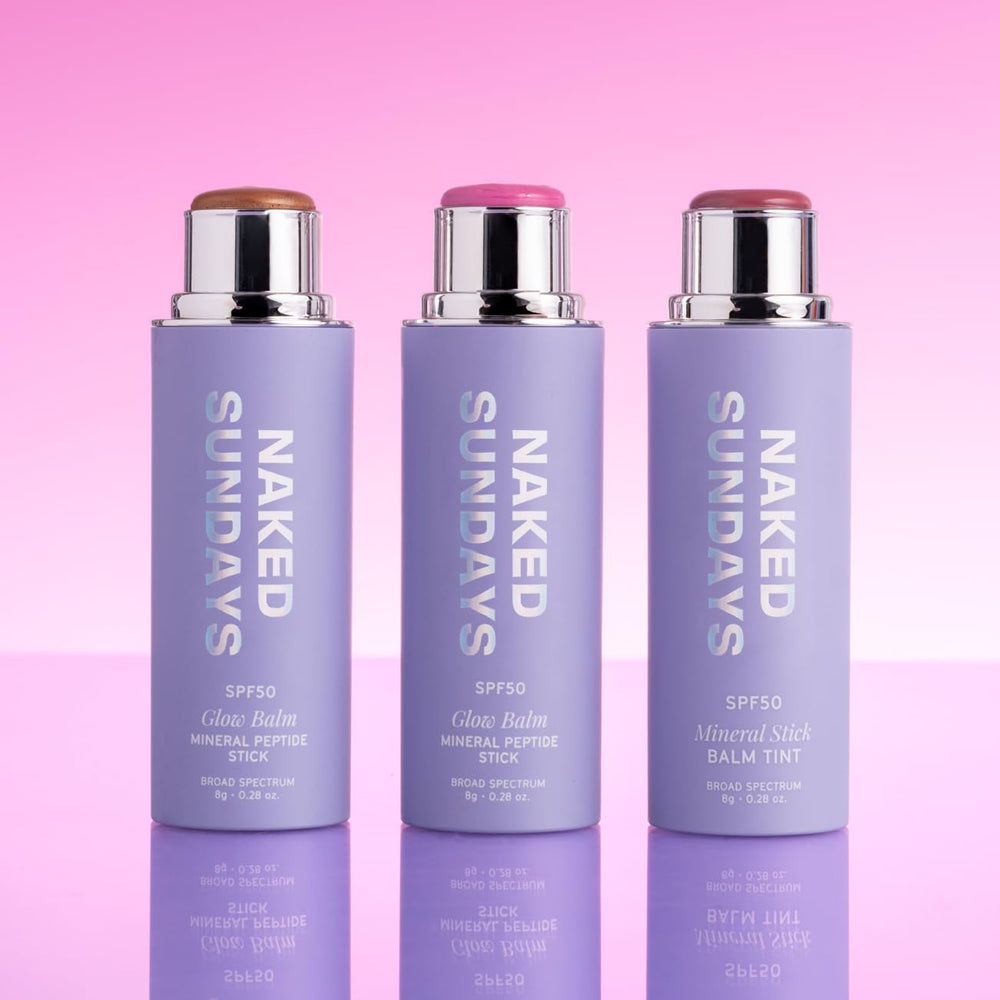 Naked Sundays SPF50 glow balm on eyelids adds color with luminous finish and SPF.