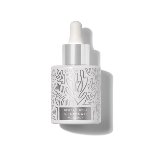 Naked & Thriving Illuminate BC+ serum pump showing premium vegan care.