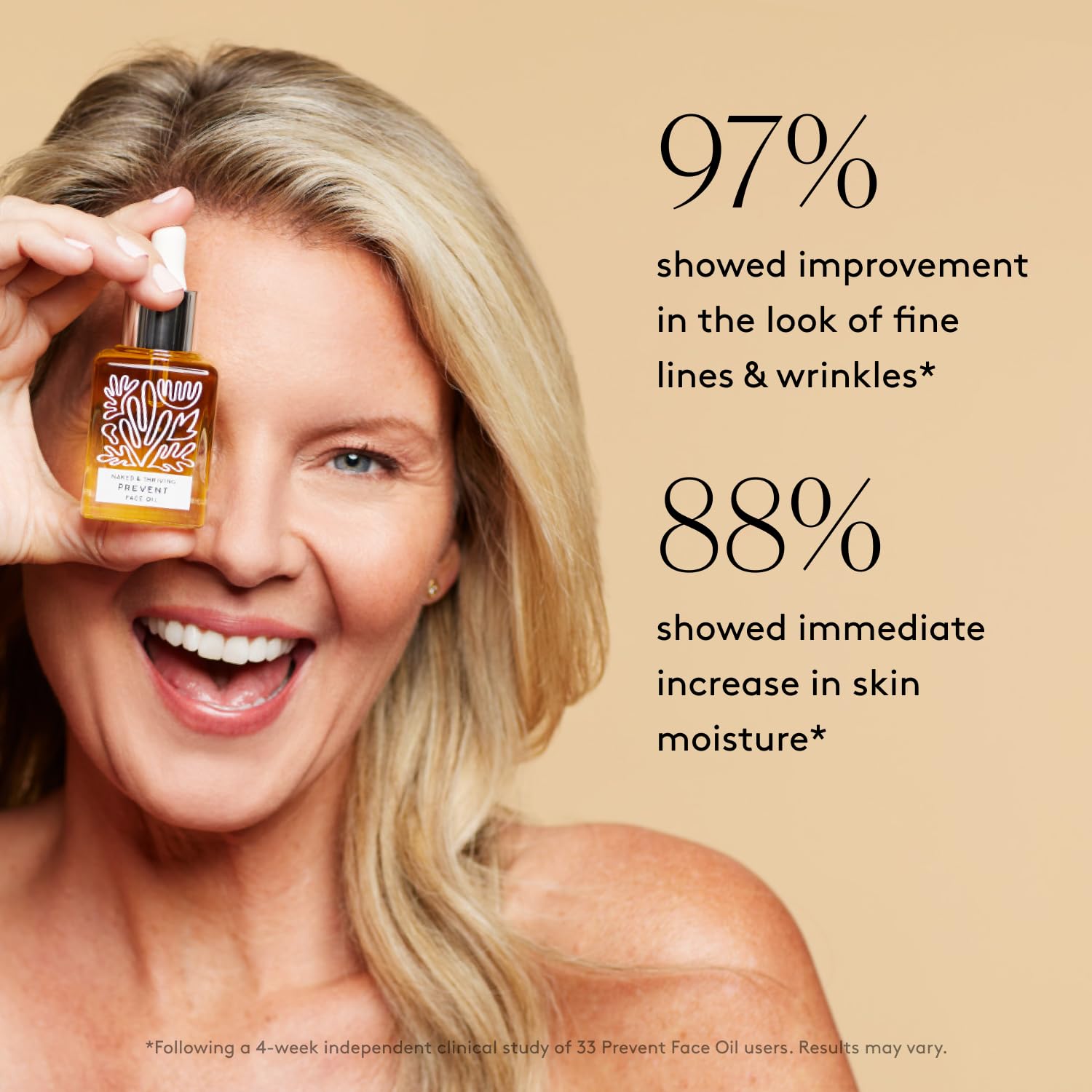 Naked & Thriving Prevent packaging uses recyclable glass and eco-friendly materials.