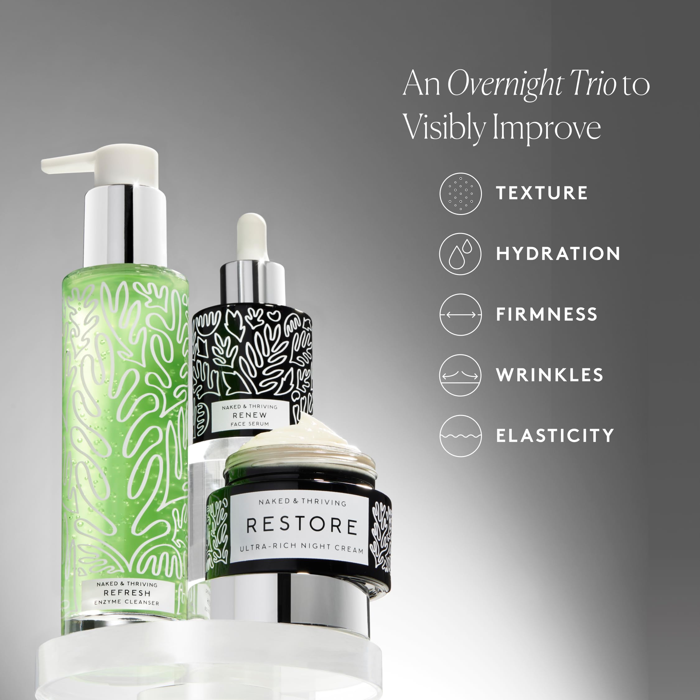 Naked & Thriving Renew Resurfacing Serum bottle promotes hydrating, plump-looking skin.