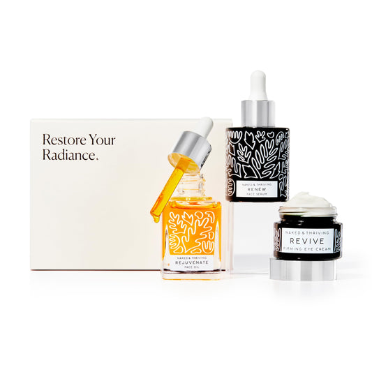 Naked & Thriving Renew Night Serum bottle shown for deep hydration and glow.
