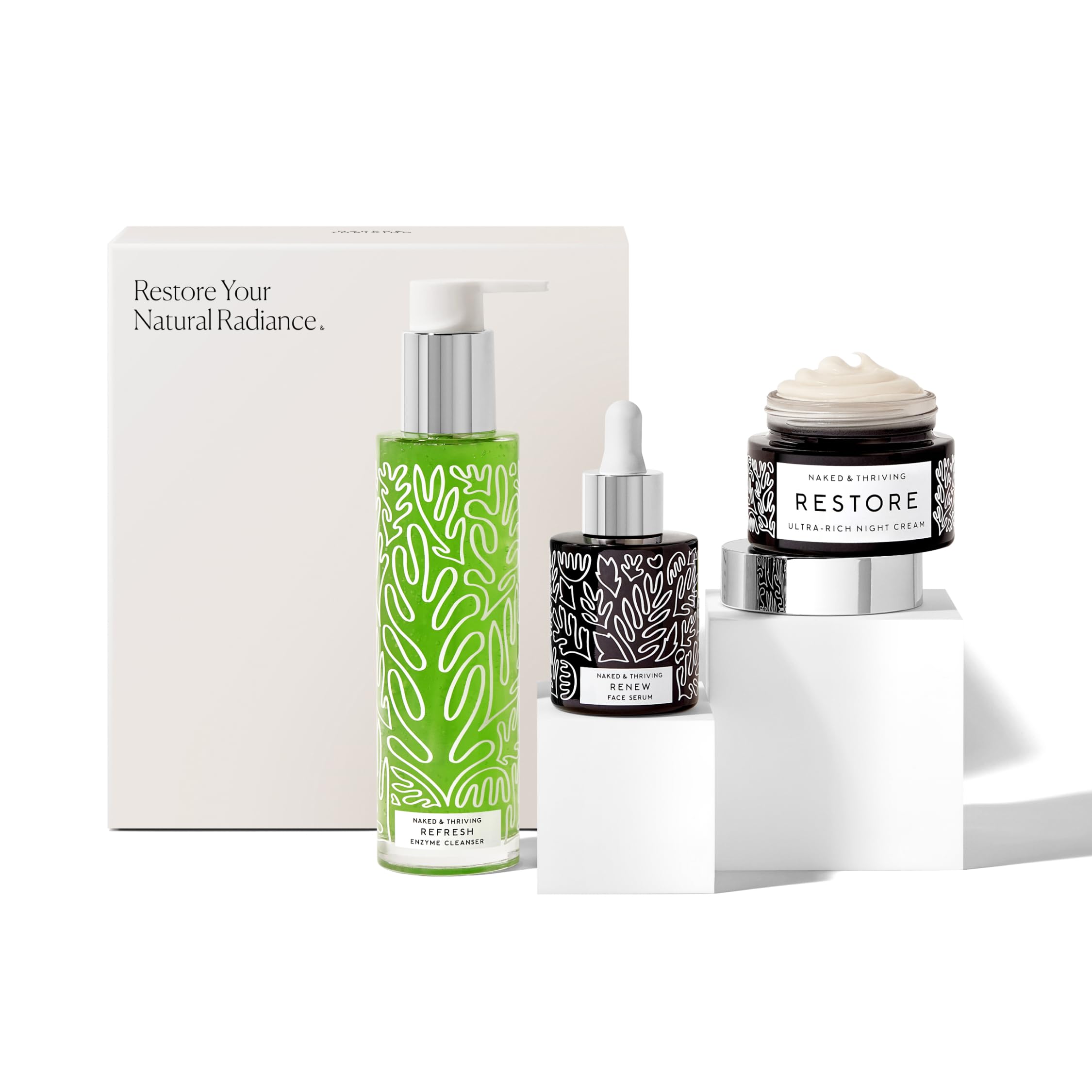 Naked & Thriving Restore Night Cream bottle showing wrinkle-reducing formula.
