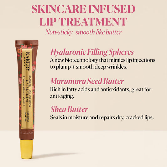 Nakery Espresso Martini lip plumper tube shown with quick, glossy application.