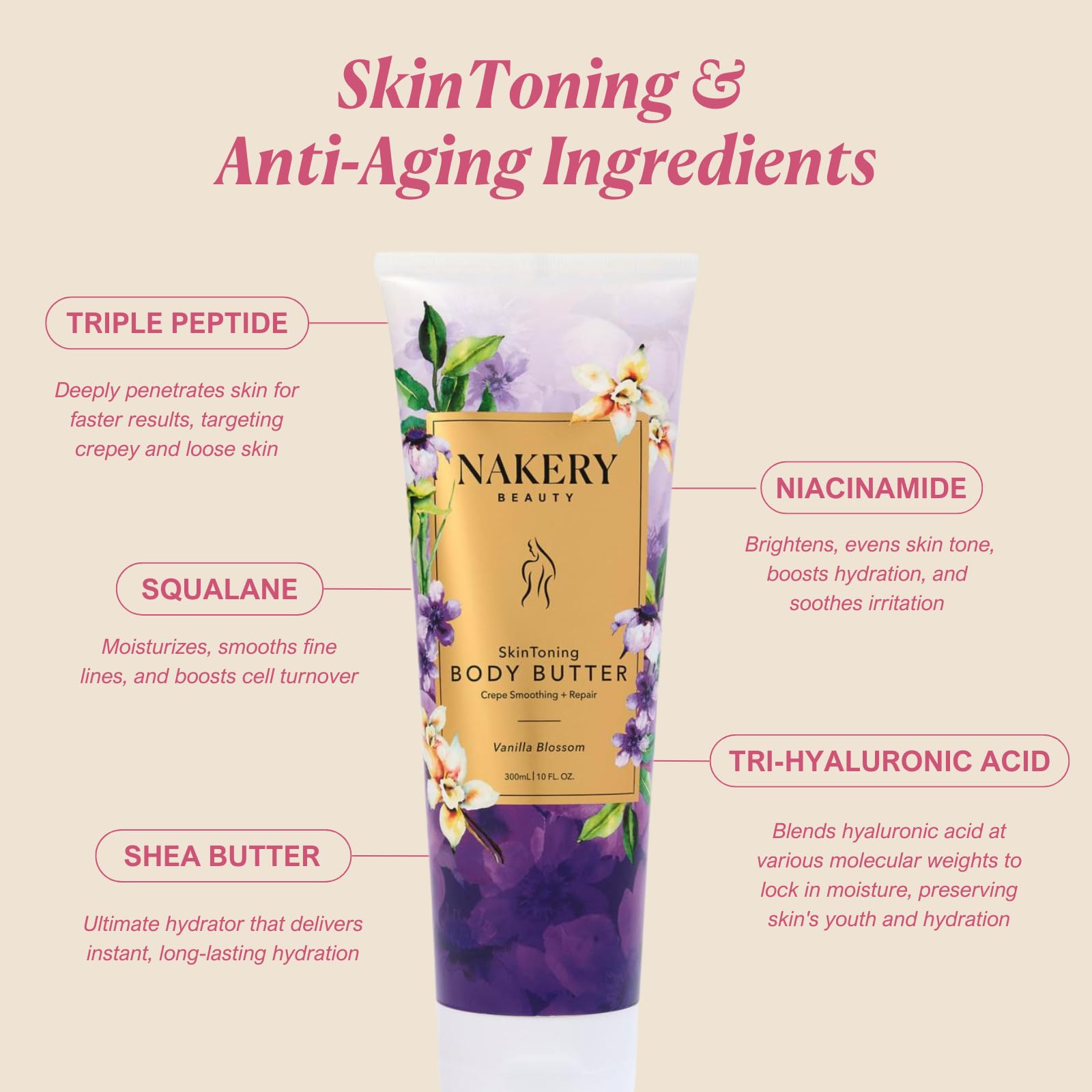 Nakery Skin Toning Body Butter vanilla blossoms bottle demonstrates quick-absorbing moisture.