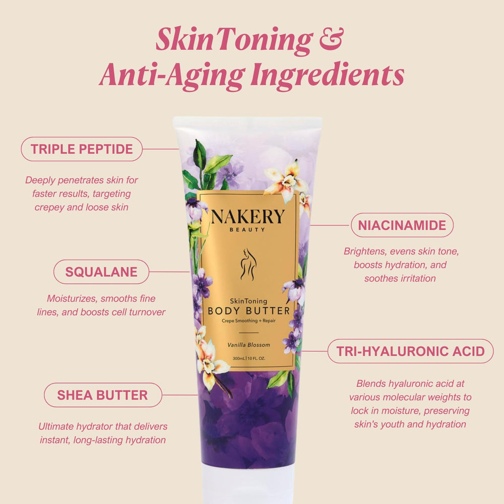 Nakery Skin Toning Body Butter vanilla blossoms bottle demonstrates quick-absorbing moisture.