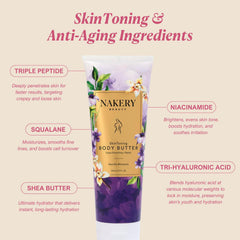 Nakery Skin Toning Body Butter vanilla blossoms bottle demonstrates quick-absorbing moisture.