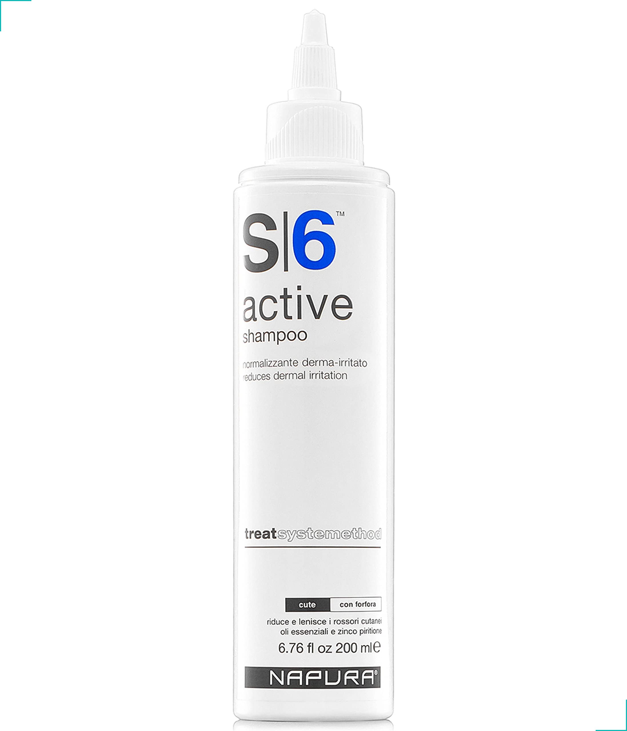 NAPURA S6 anti-dandruff shampoo bottle on bathroom shelf for clear scalp