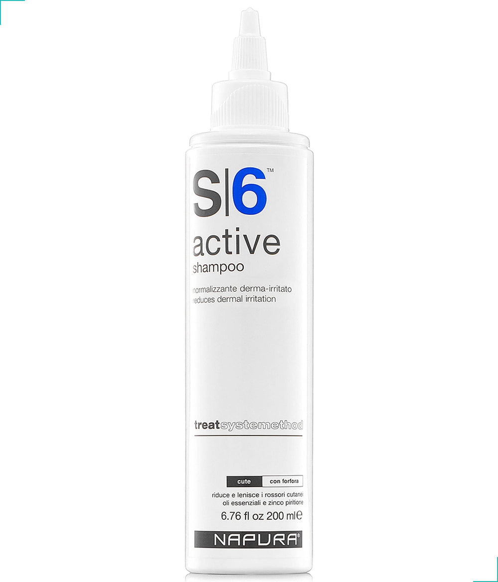 NAPURA S6 anti-dandruff shampoo bottle on bathroom shelf for clear scalp