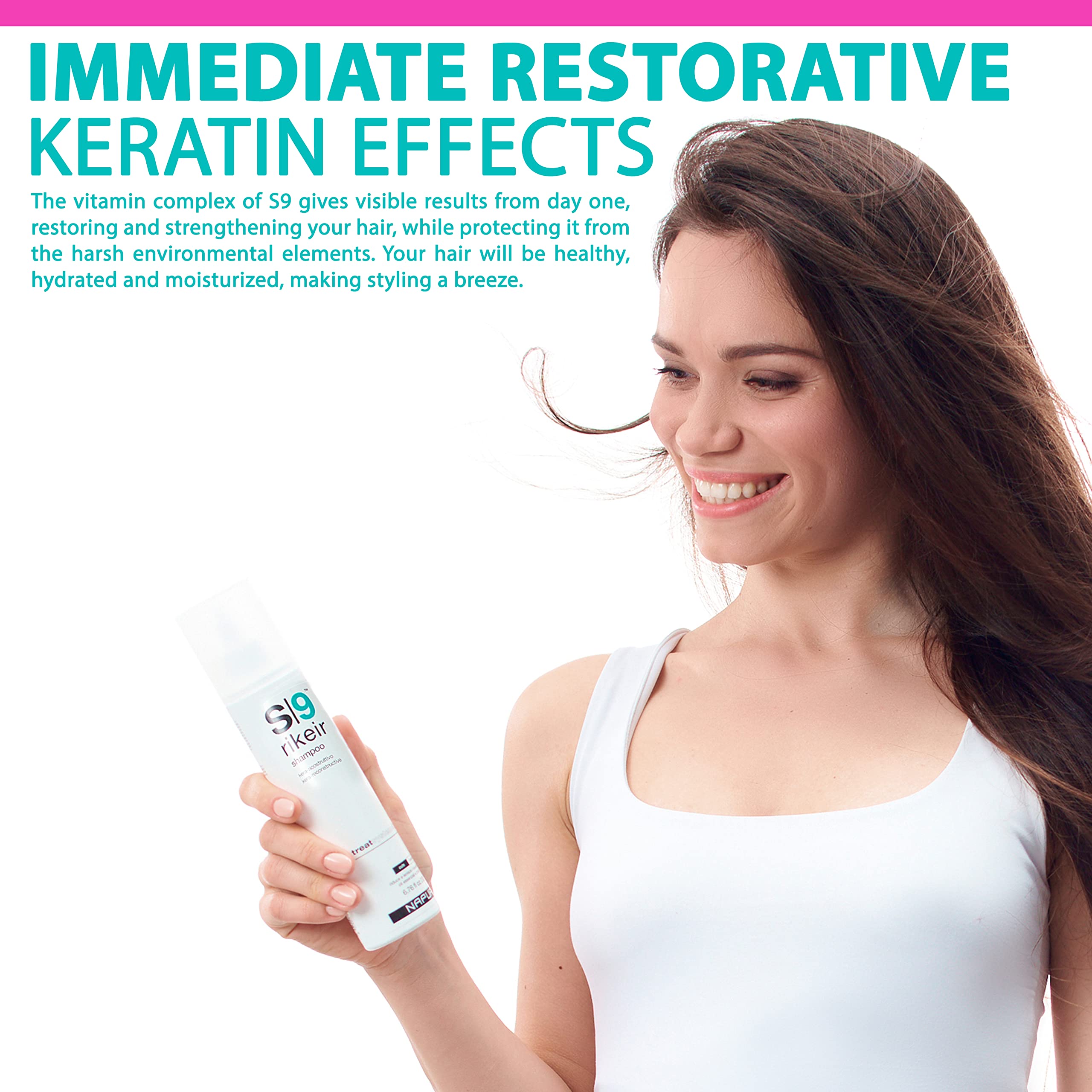 Close-up on label detailing keratin restoration and paraben-free formula.
