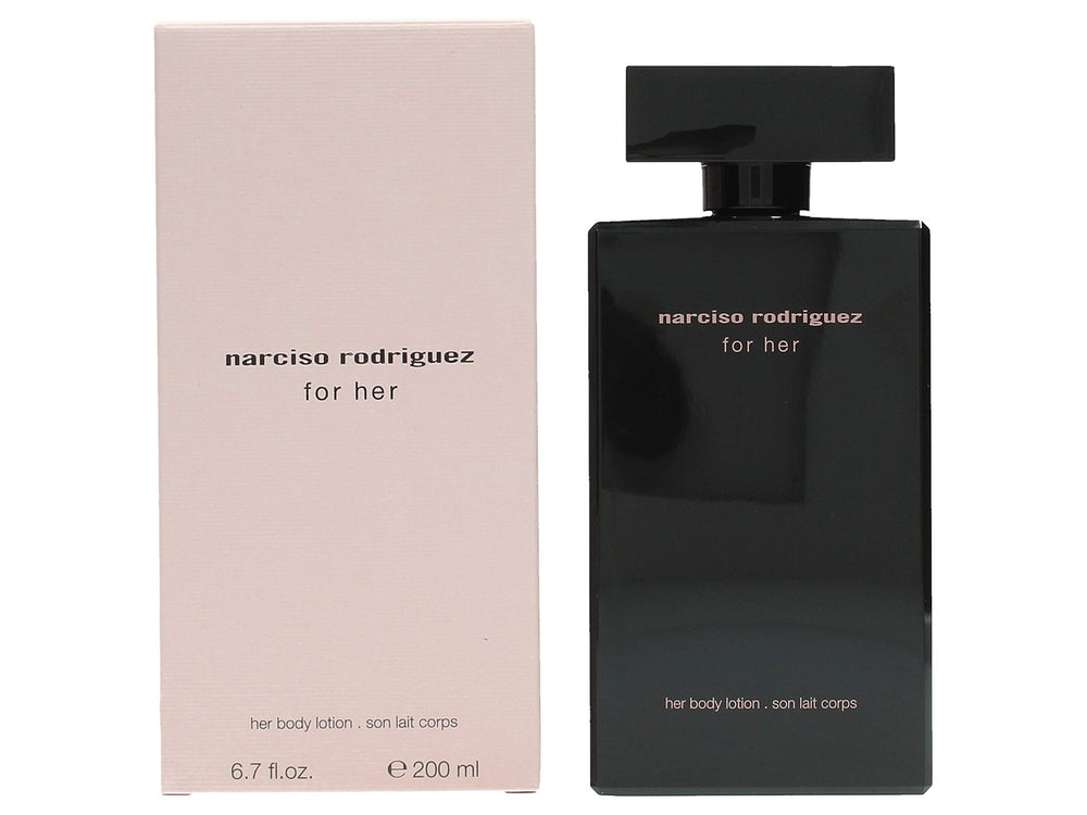 Narciso Rodriguez for Her packaging on a clean display for premium care