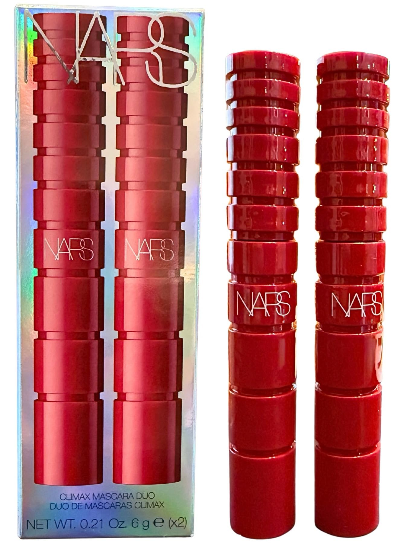 NARS Climax Mascara Duo Explicit Black bottles show rich pigment for dramatic definition.