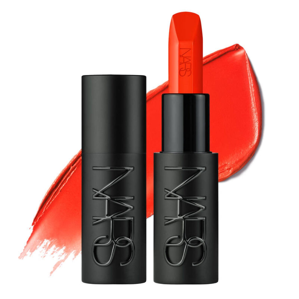 NARS Explicit Lipstick satin finish swatch with vivid color and smooth wear.