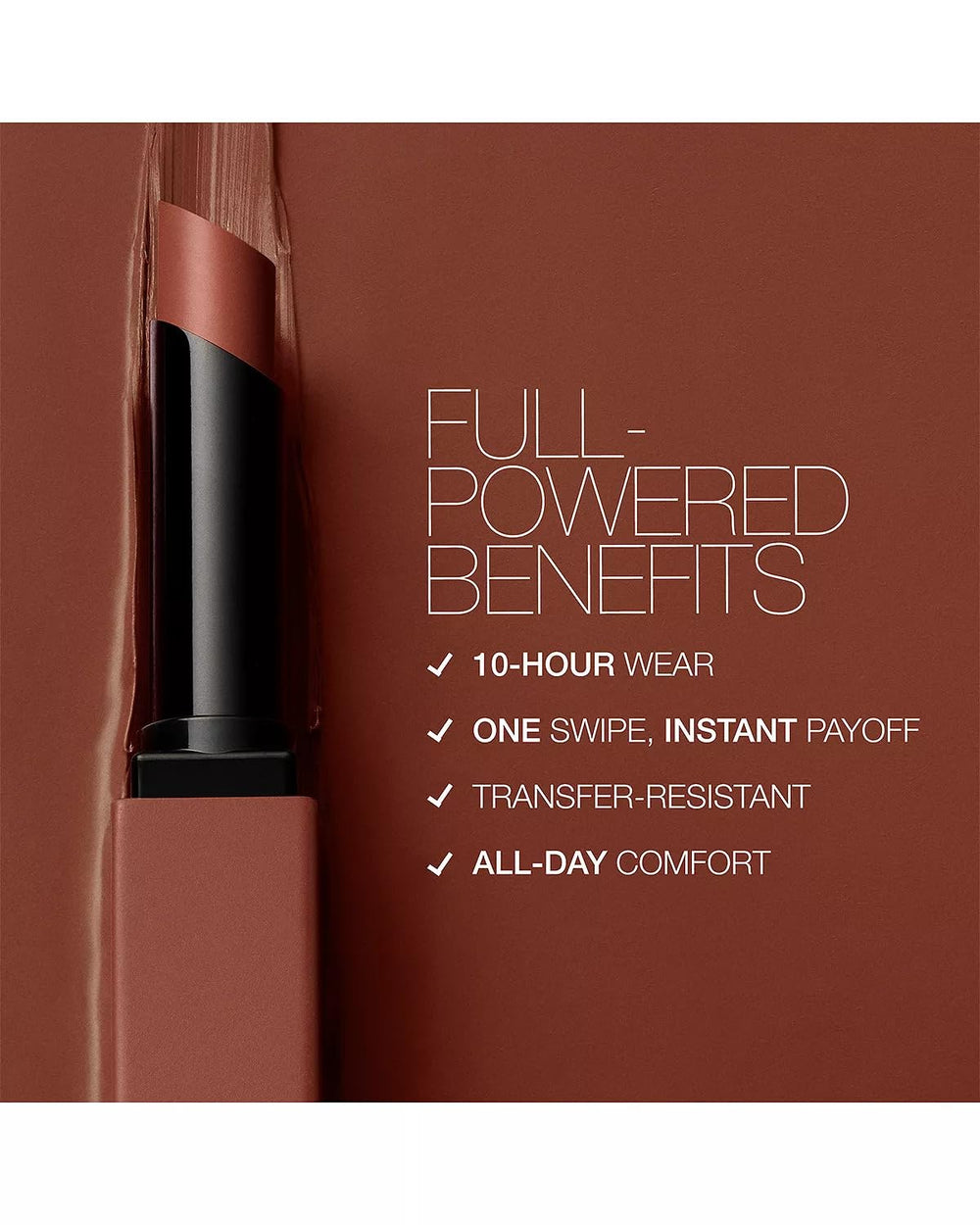 NARS Powermatte Lipstick No Angel on lips for a chic look.