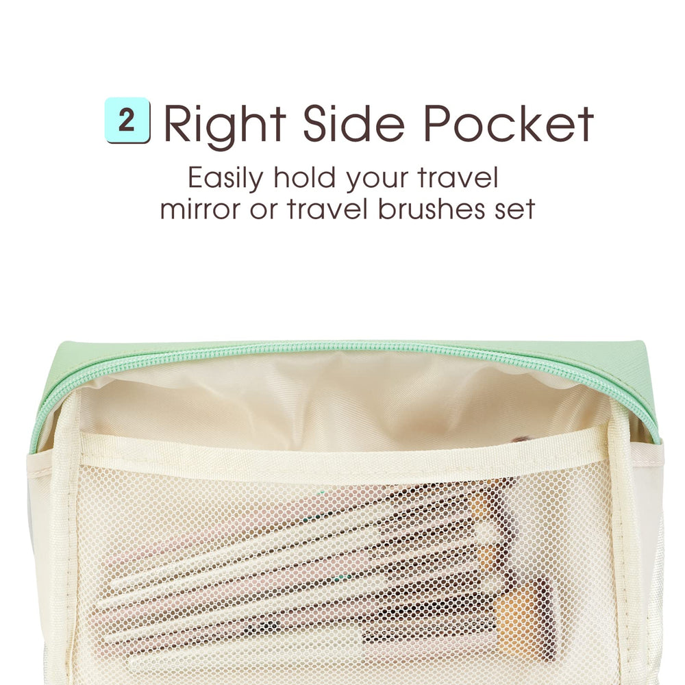 Narwey large green makeup bag interior with three pockets for brushes and essentials.