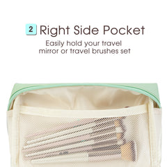 Narwey large green makeup bag interior with three pockets for brushes and essentials.