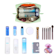 Narwey large green makeup bag side compartments for quick access to essentials.