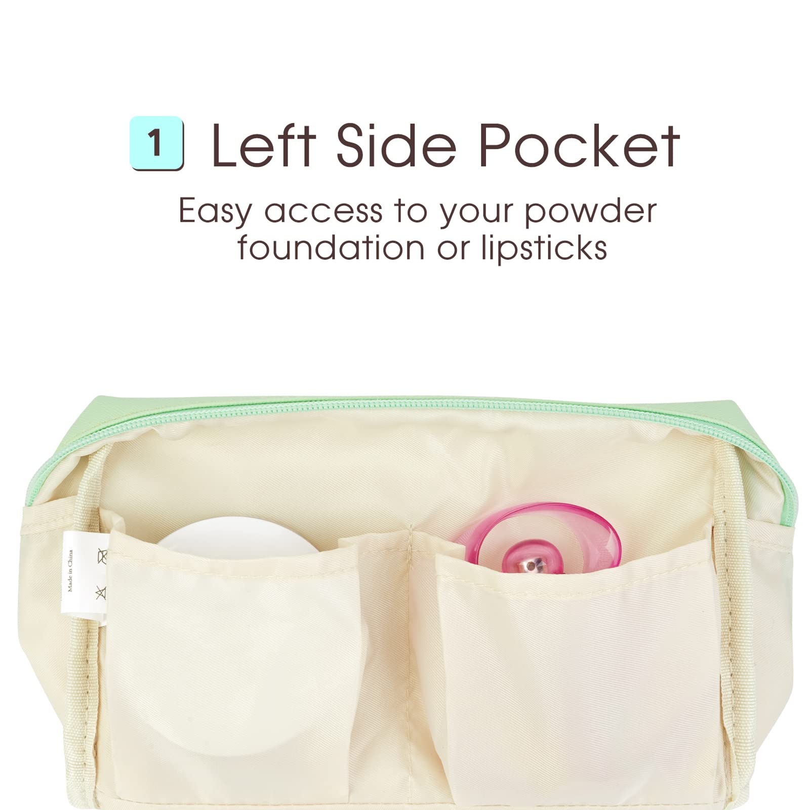 Narwey large green makeup bag with secure zip-top closure.