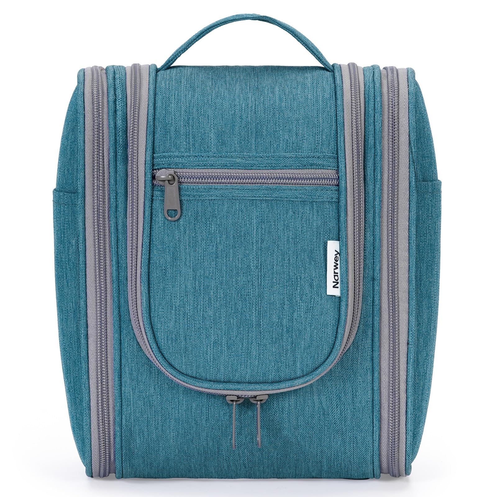 Narwey teal hanging toiletry bag showing organized storage for travel