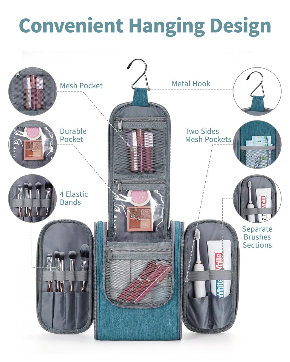 Narwey teal main compartment 25cm fits toiletries for overnight trips