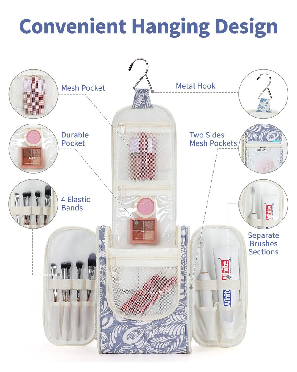 Narwey bag opened to reveal mesh pockets for organized cosmetics and toiletries.