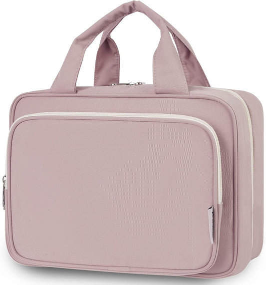 Narwey travel toiletry bag in dusty rose showing spacious interior for full-size essentials