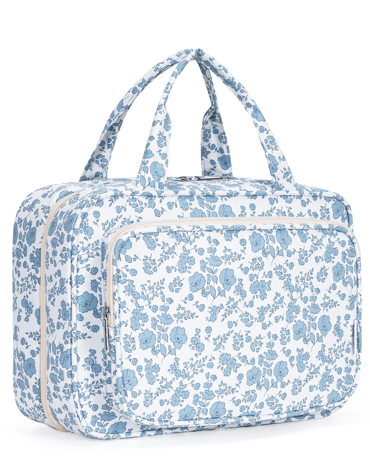 Narwey large-capacity travel toiletry bag with Little Blue Flower keeps full-size essentials organized.
