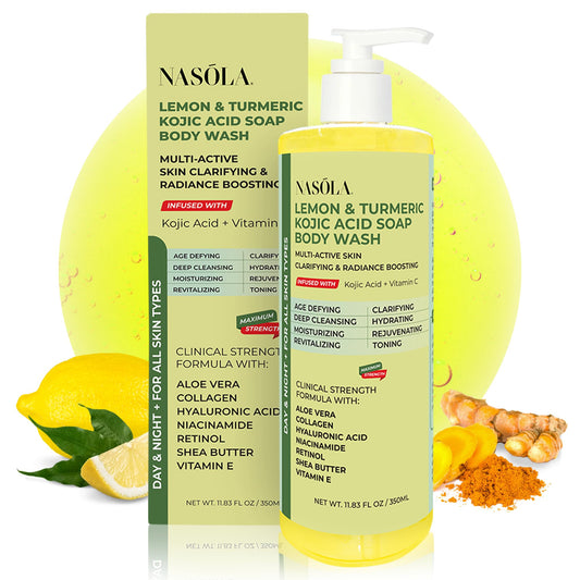 Nasola lemon-turmeric kojic-acid soap bottle shows citrus freshness for a refreshing cleanse.